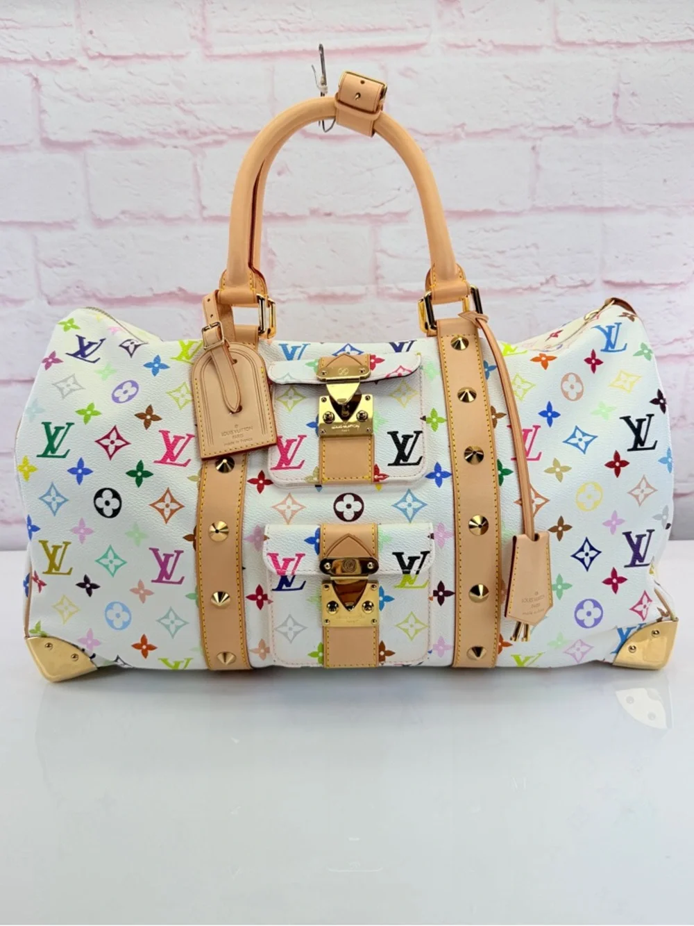 Louis Vuitton Multicolor Murakami Monogram White Canvas Keepall 2003 45 - Picture 2 of 16